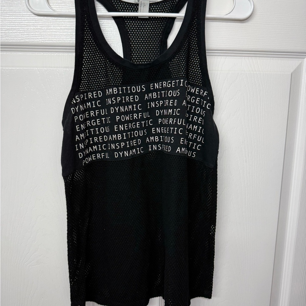 Forever 21 Black Mesh Tank Top Women’s Size L Sheer Graphic Text